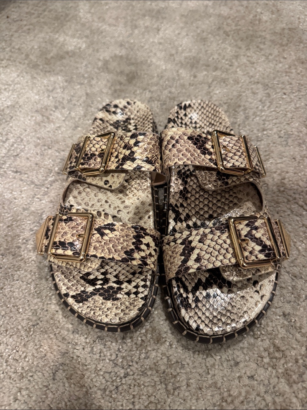 SCHUTZ Snake Print Double Buckle Sandals